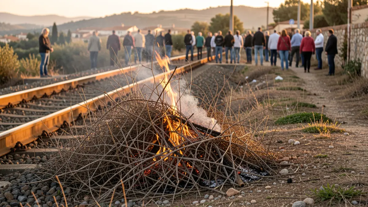 Imatge genèrica d'un petit incendi de vegetació seca al costat d'una via de tren.