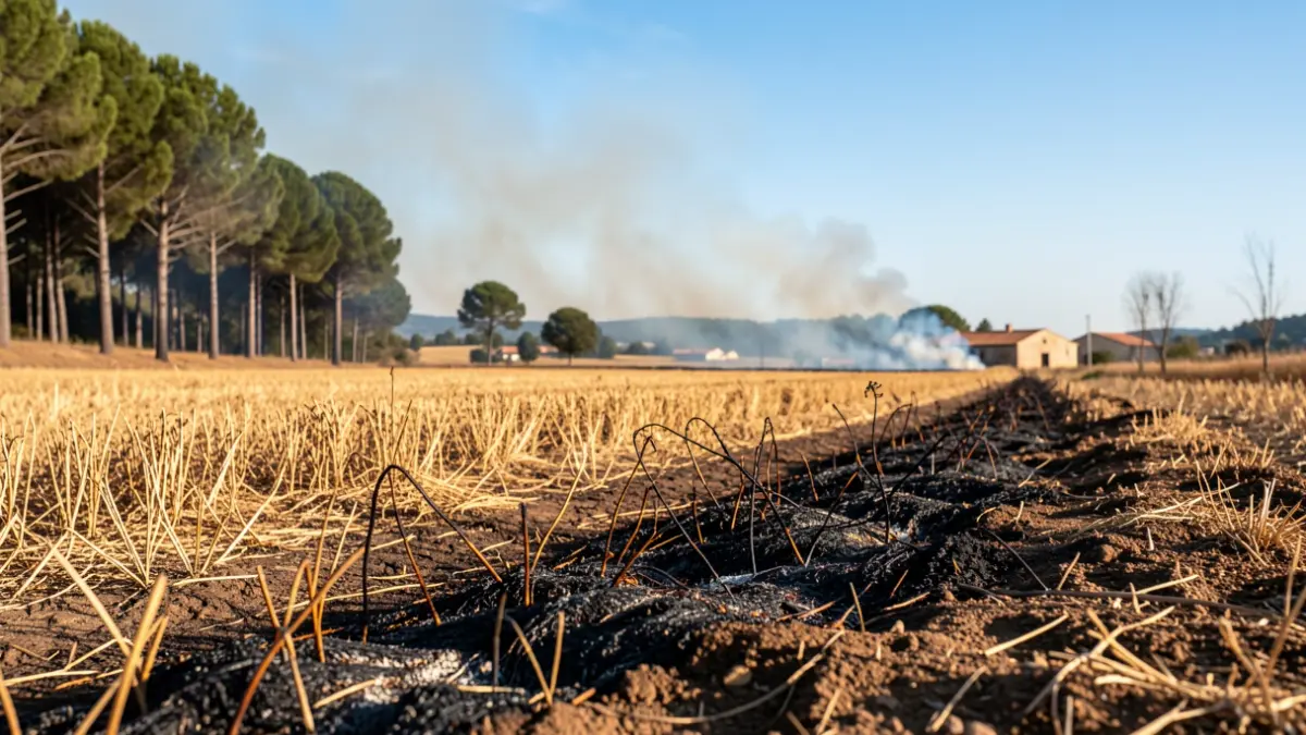 Imatge d'un incendi forestal a camps de cereal i pins a Catalunya.