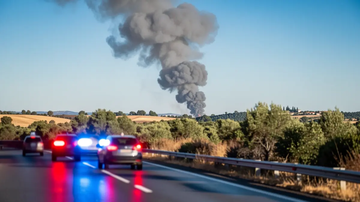Imatge genèrica de fum d'un incendi prop d'una carretera amb llums d'emergència.