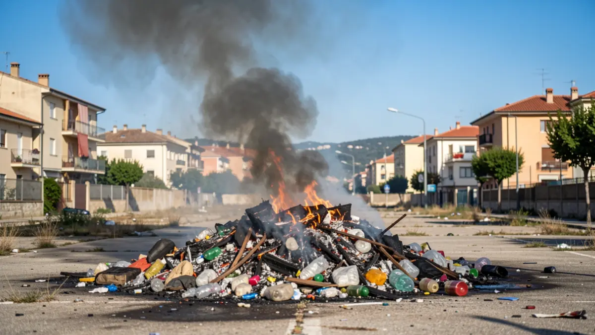 Image of a fire in a lot full of trash near residential buildings in Girona.