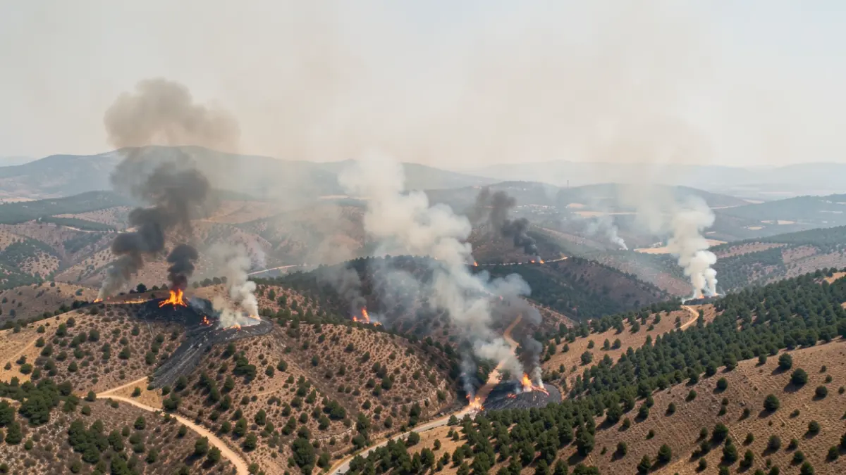 Vista aèria de múltiples incendis forestals actius a Catalunya.