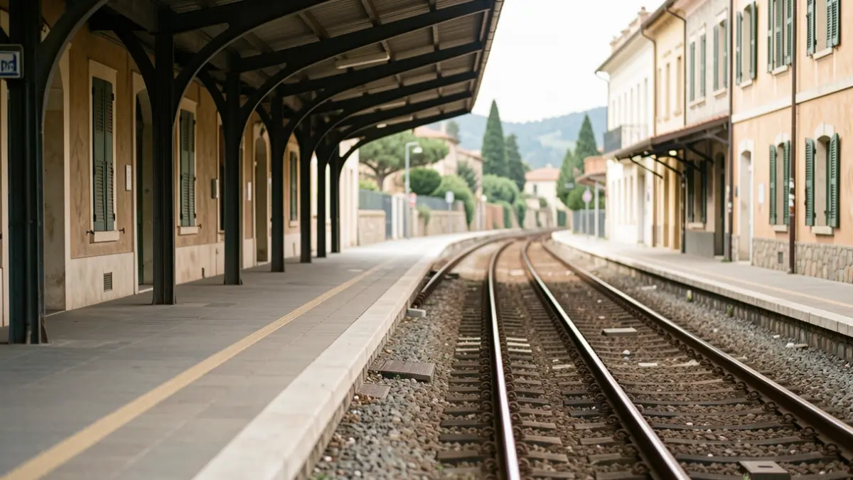 Empty train platform with tracks disappearing into the distance under a canopy, soft daylight.