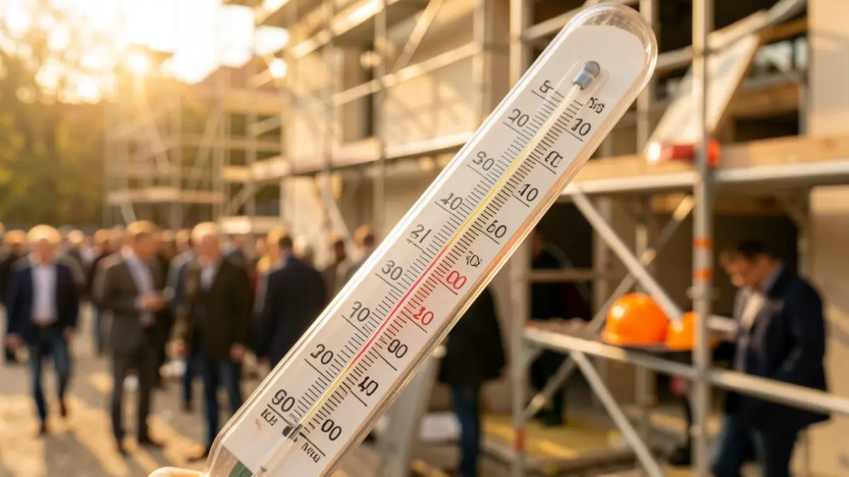 Termòmetre amb alta temperatura en un entorn de construcció.