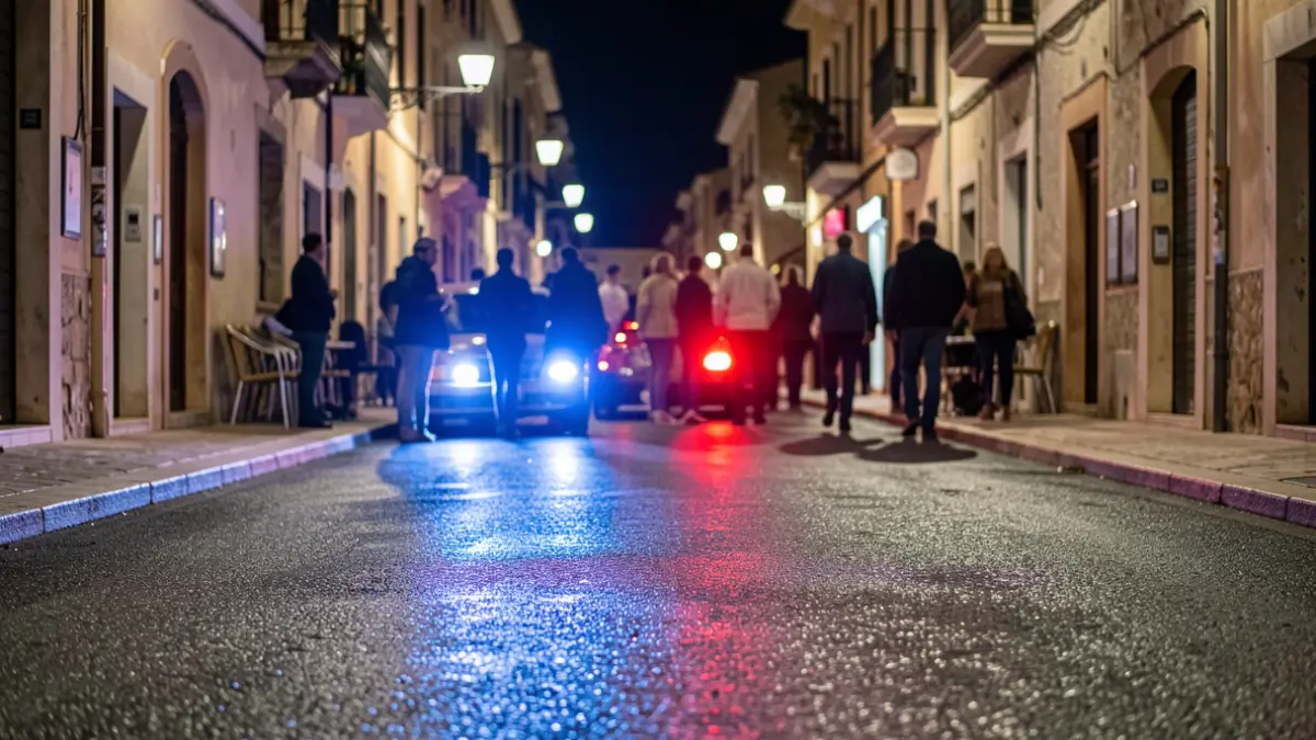 Imatge genèrica de llums d'emergència reflectint-se en asfalt mullat a la nit.