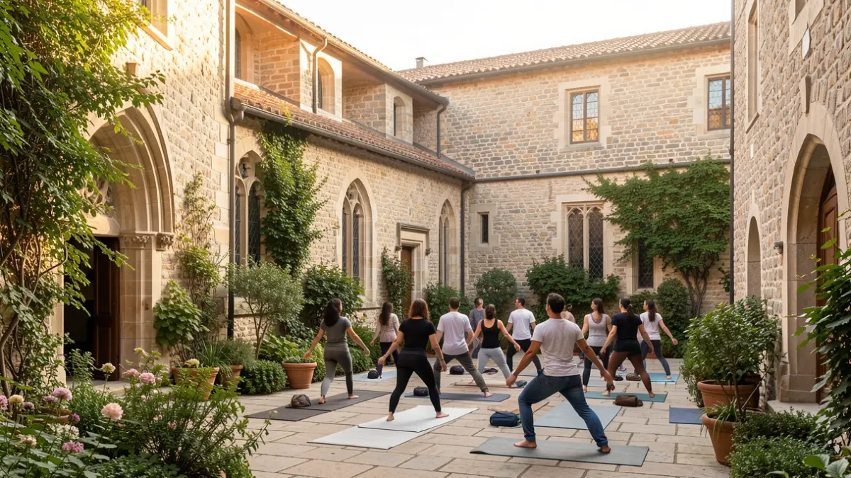 Imagen genérica de un monasterio con personas practicando yoga.