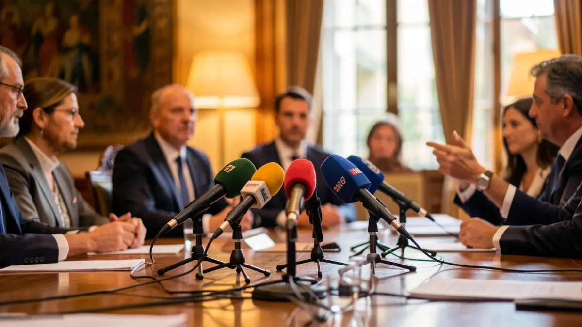 Official press conference in Barcelona with microphones and institutional atmosphere.