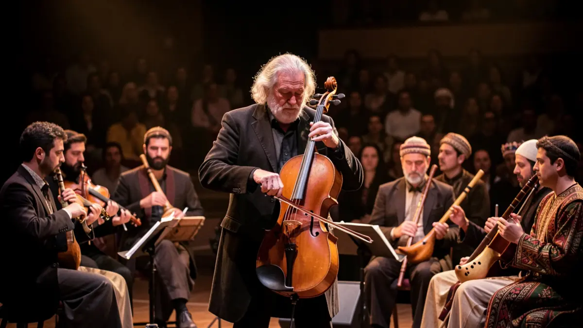 Jordi Savall playing the viola da gamba in a concert with Middle Eastern instruments.