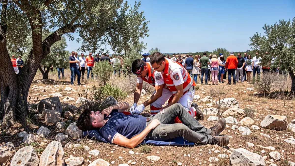 Personal sanitario atiende a un joven herido en la espalda en la zona del Glorieta de Mont-ral.