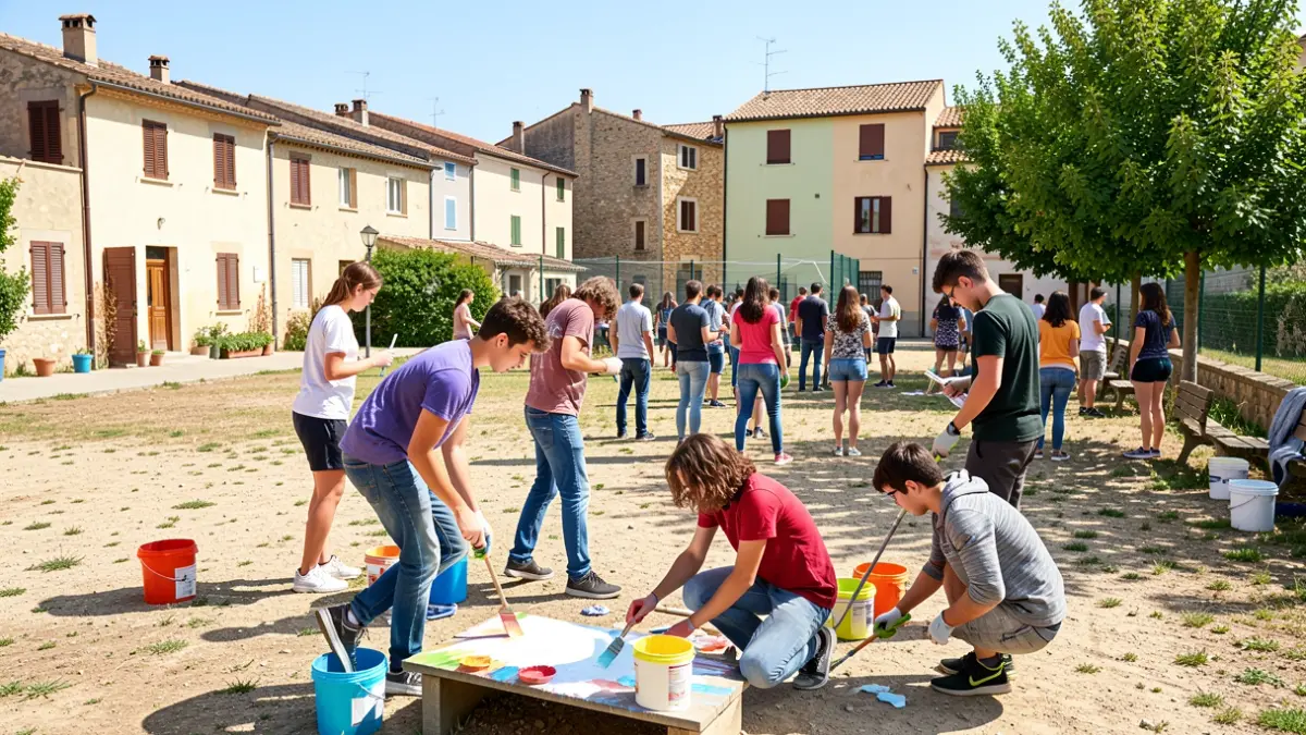 Joves participant en un programa de voluntariat millorant un pati escolar a Balaguer.