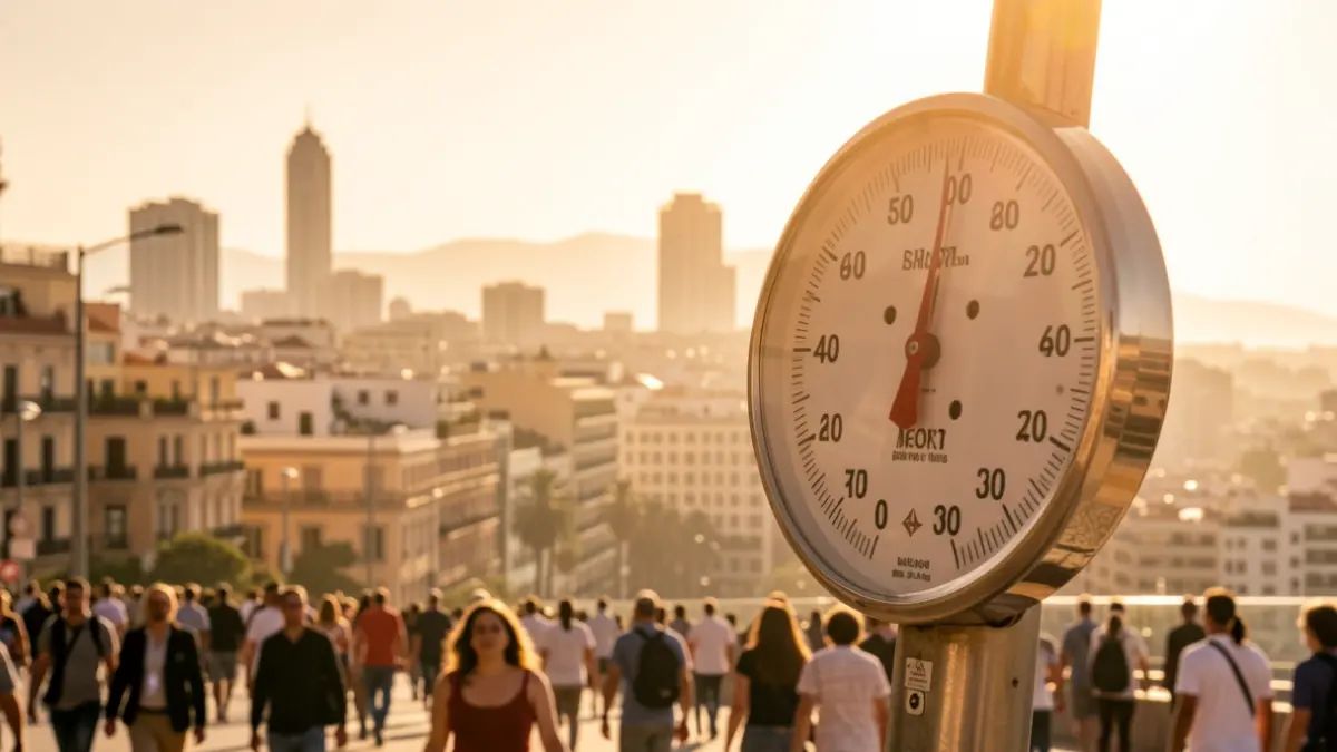 Termómetro marcando temperaturas extremas con el perfil de Barcelona al fondo.