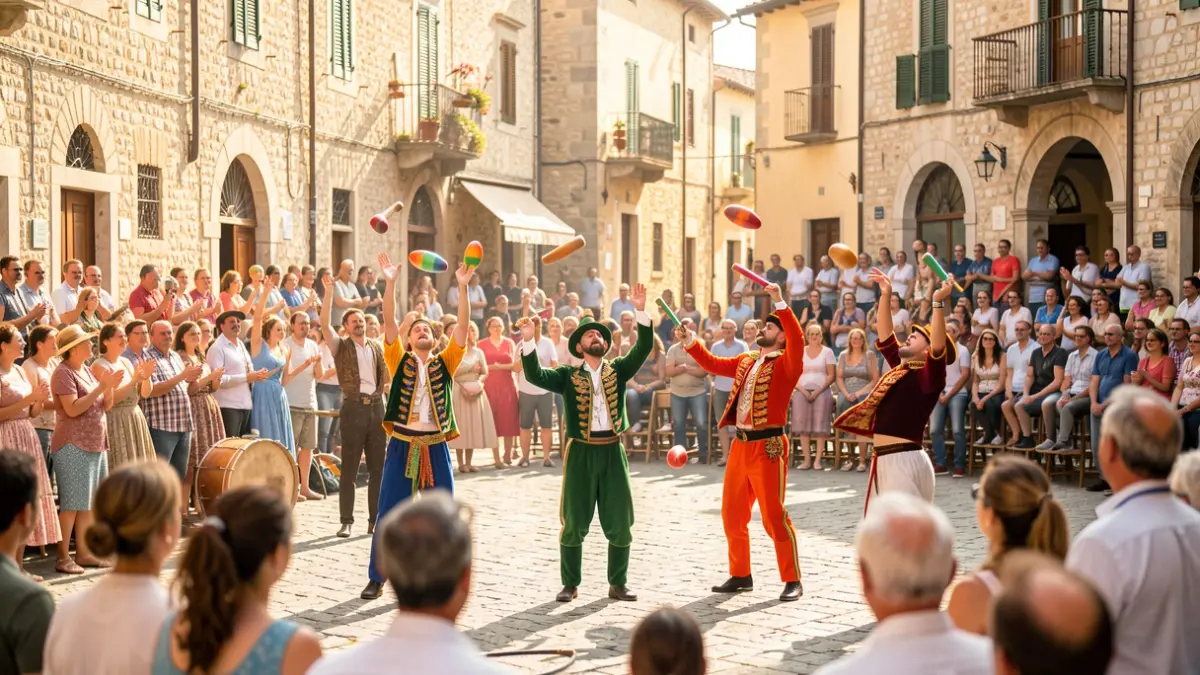 Imatge genèrica d'una fira de circ al carrer amb artistes i públic.