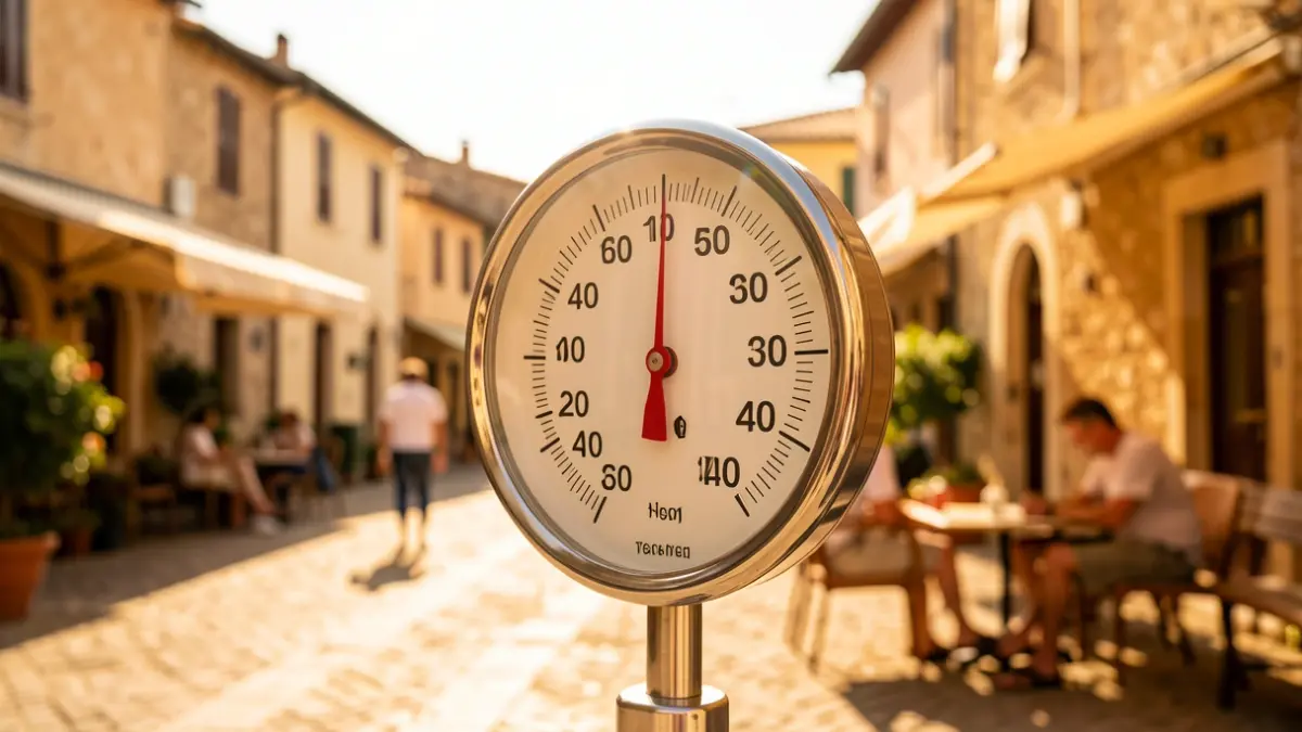 Thermometer showing extreme temperatures in a Mediterranean town square.