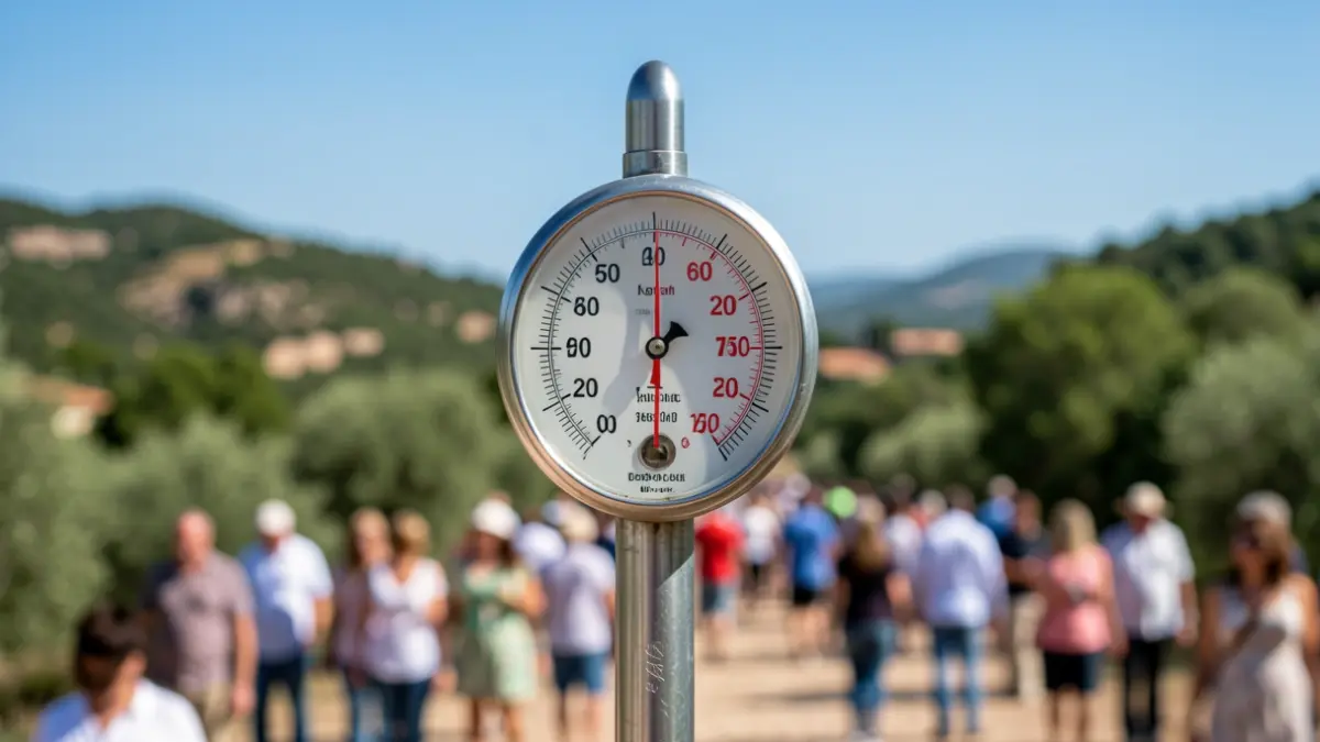 Termómetro marcando alta temperatura con paisaje mediterráneo.