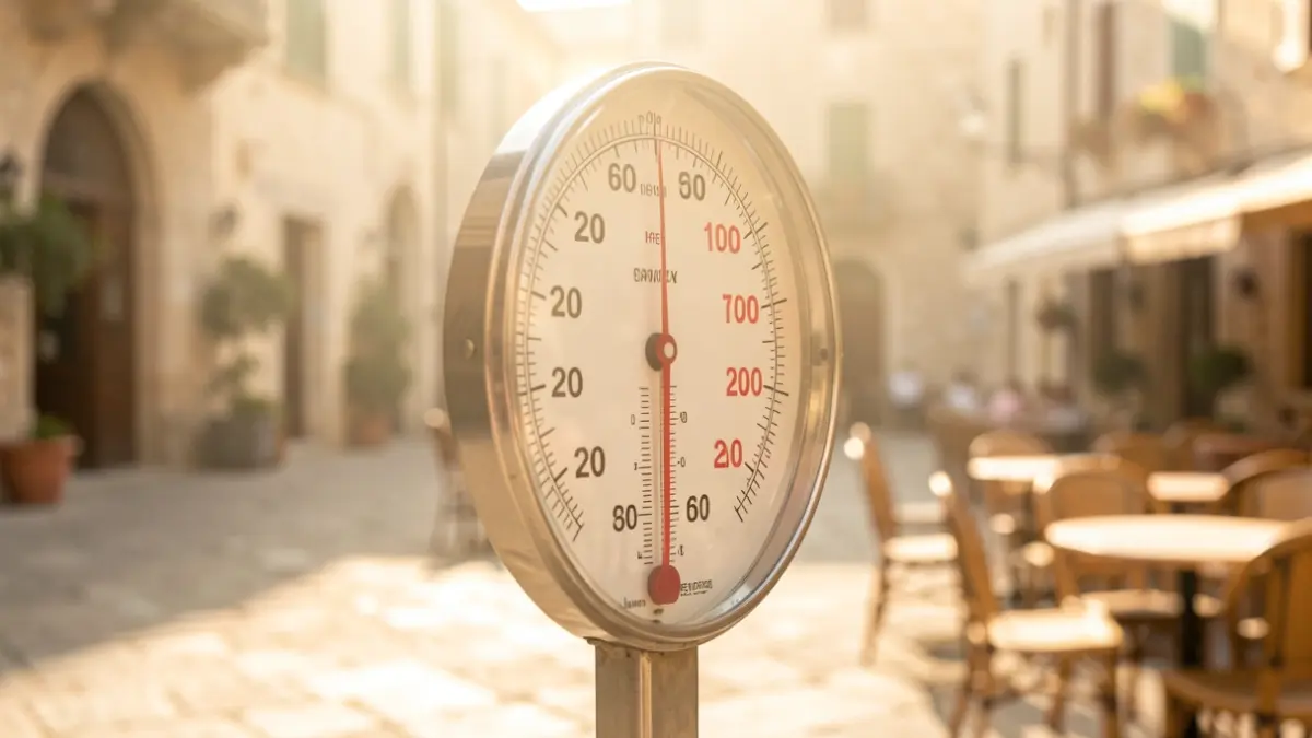 Termòmetre marcant alta temperatura en una plaça de poble mediterrani.