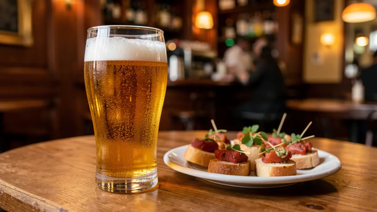 Glass of non-alcoholic beer next to tapas in a Barcelona bar.