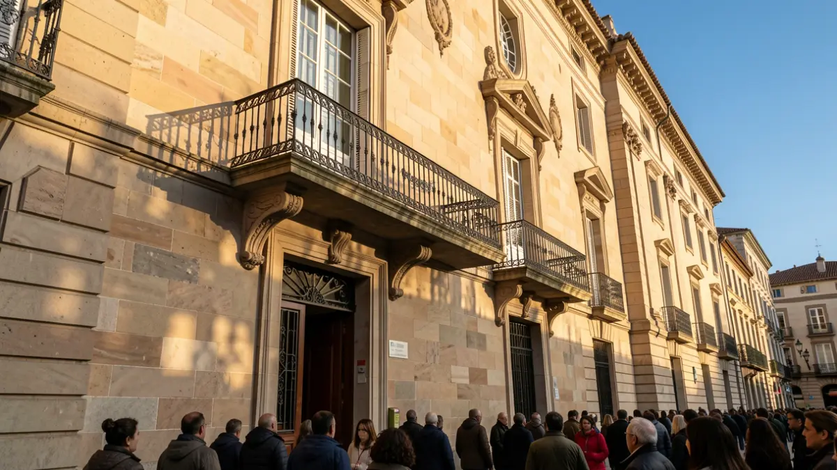 Generic image of a Catalunya town hall facade with balcony and iron railings, warm afternoon light and blue sky.