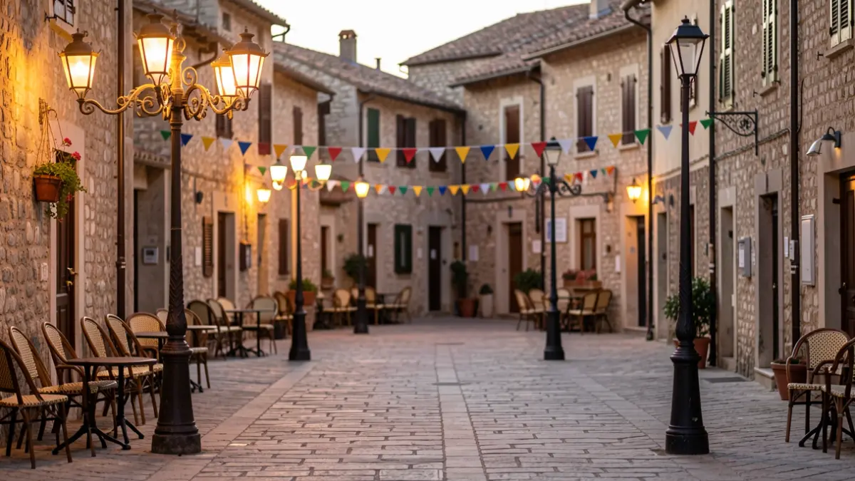 Ambient festiu en una plaça amb il·luminació càlida durant una celebració local.