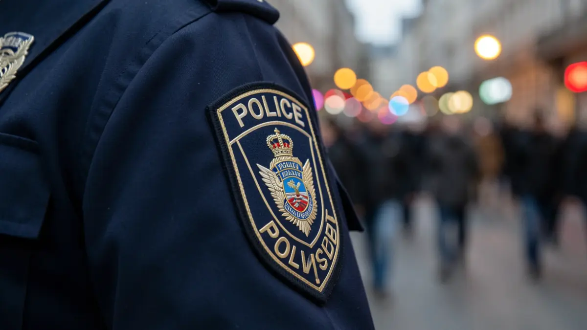 Imagen genérica de una insignia policial con luces de ciudad desenfocadas al fondo.