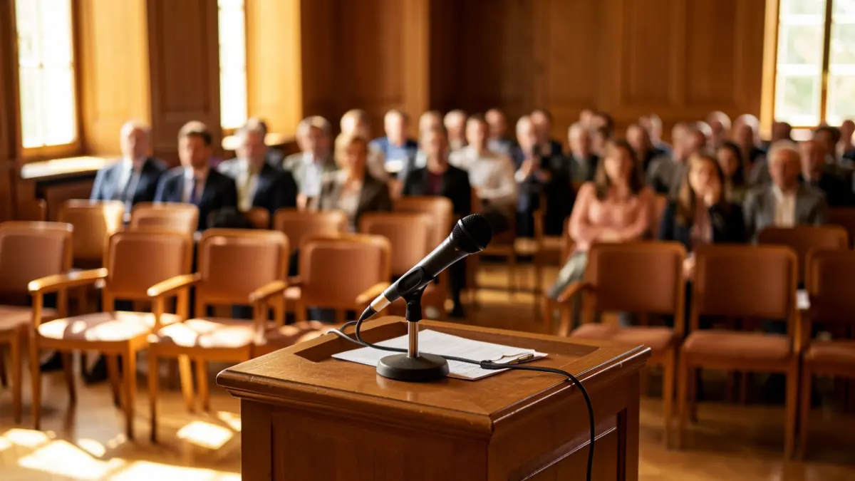 Image of a podium with a microphone in a meeting room.