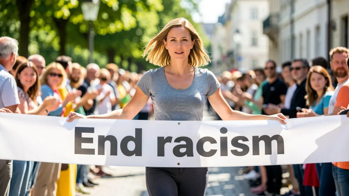 Imatge genèrica d'una dona creuant una línia de meta amb una pancarta antiracista.