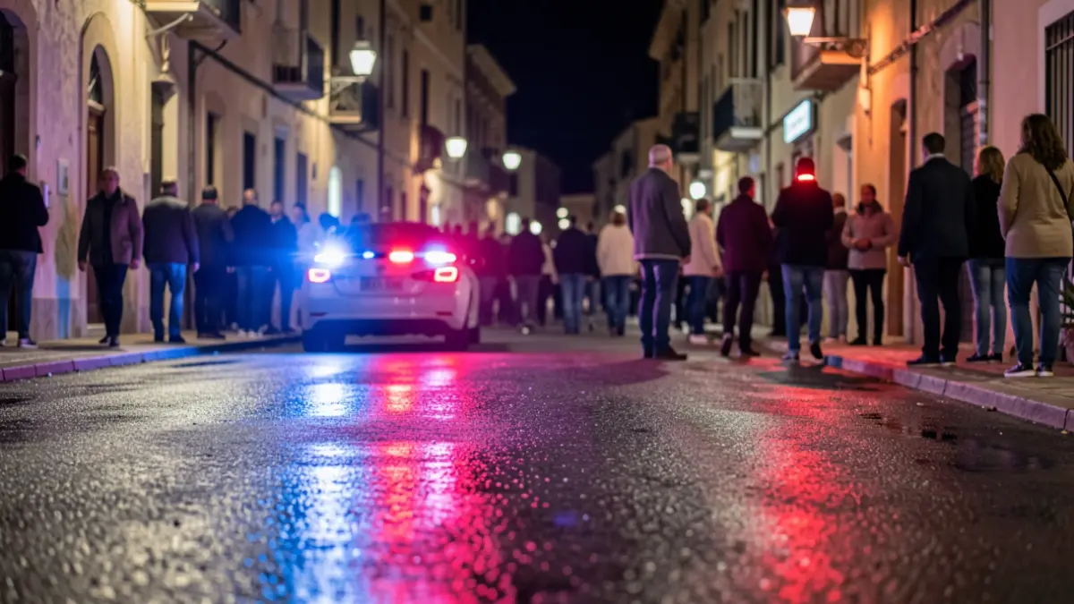 Imatge genèrica de llums d'emergència policial reflectides en asfalt mullat.