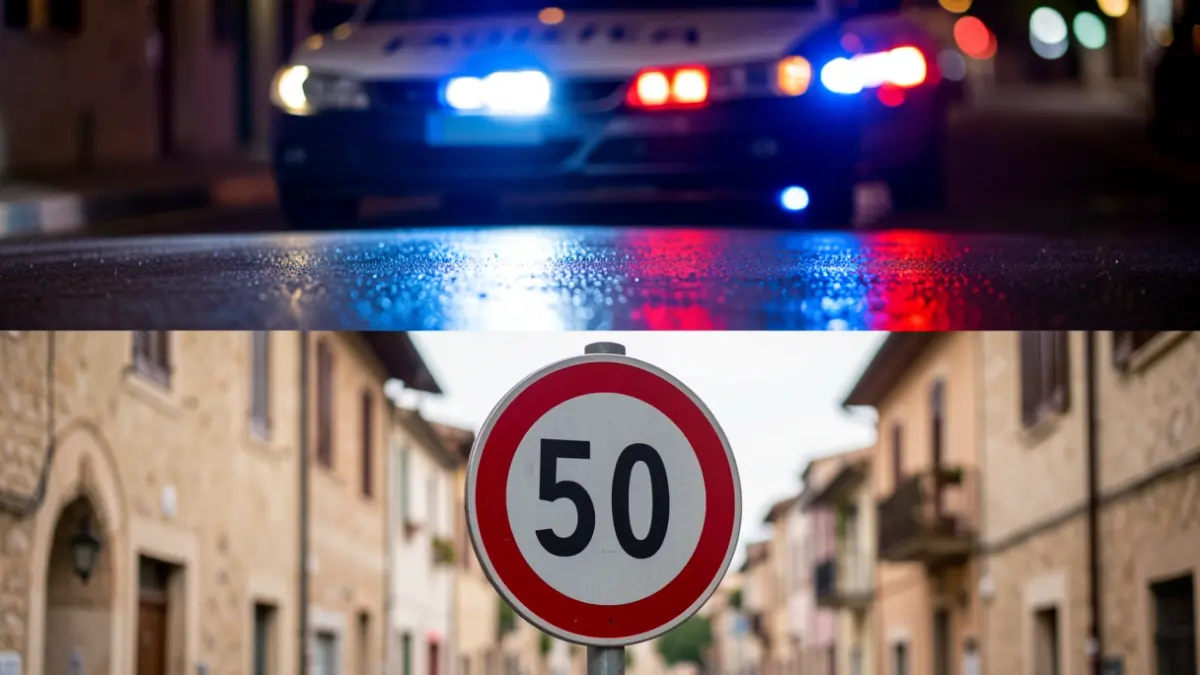 Imatge dividida: llums d'emergència policials i un senyal de trànsit a la Seu d'Urgell.