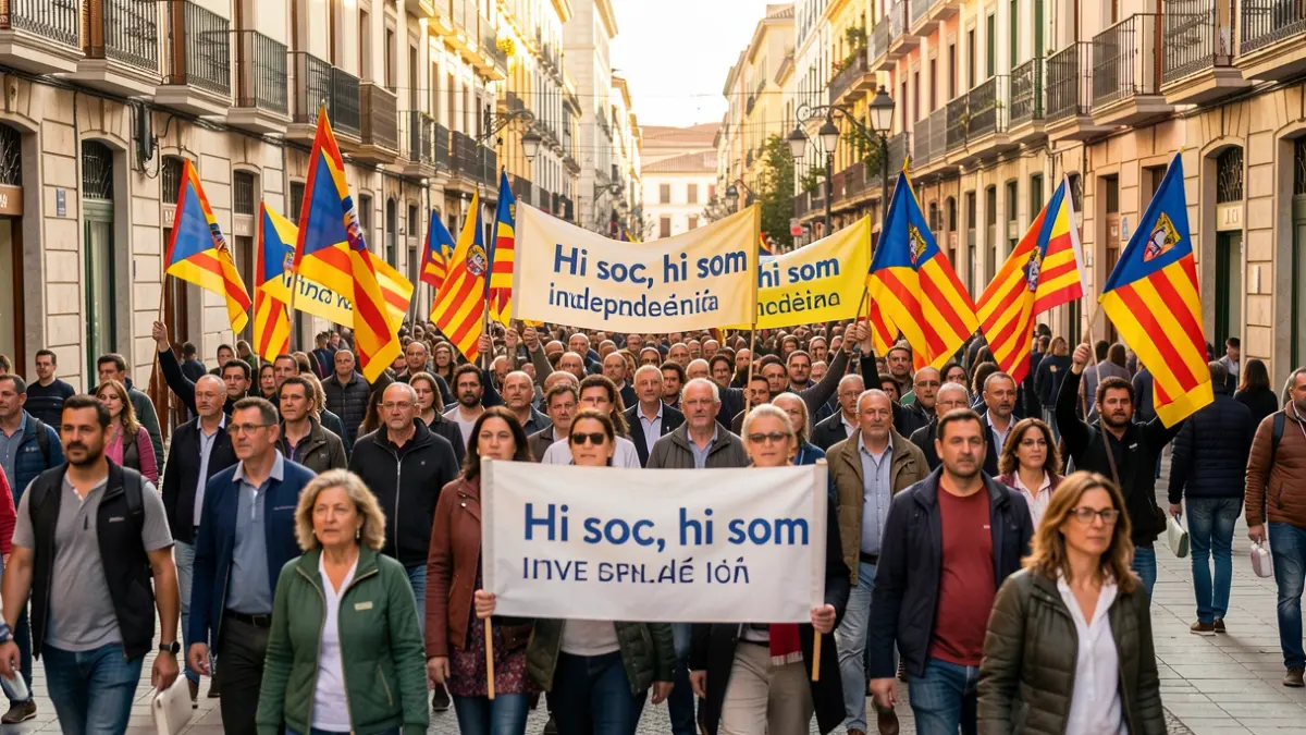 Manifestación independentista en Barcelona con pancartas y banderas catalanas.