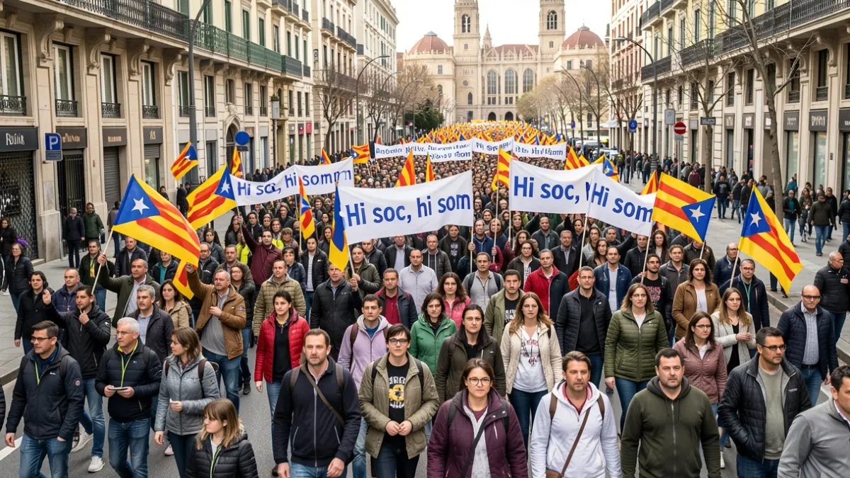 Manifestació independentista a Barcelona amb pancartes i banderes catalanes.