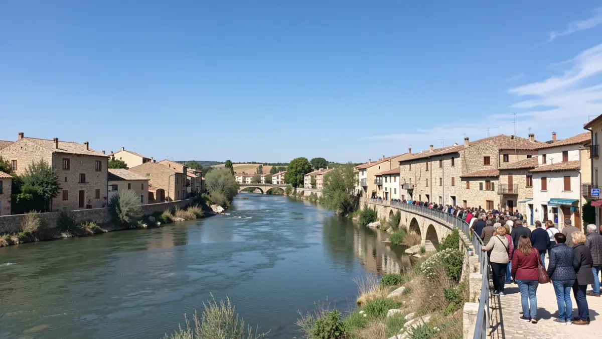 The Ebro River flowing through Móra d'Ebre with traditional buildings on the bank.