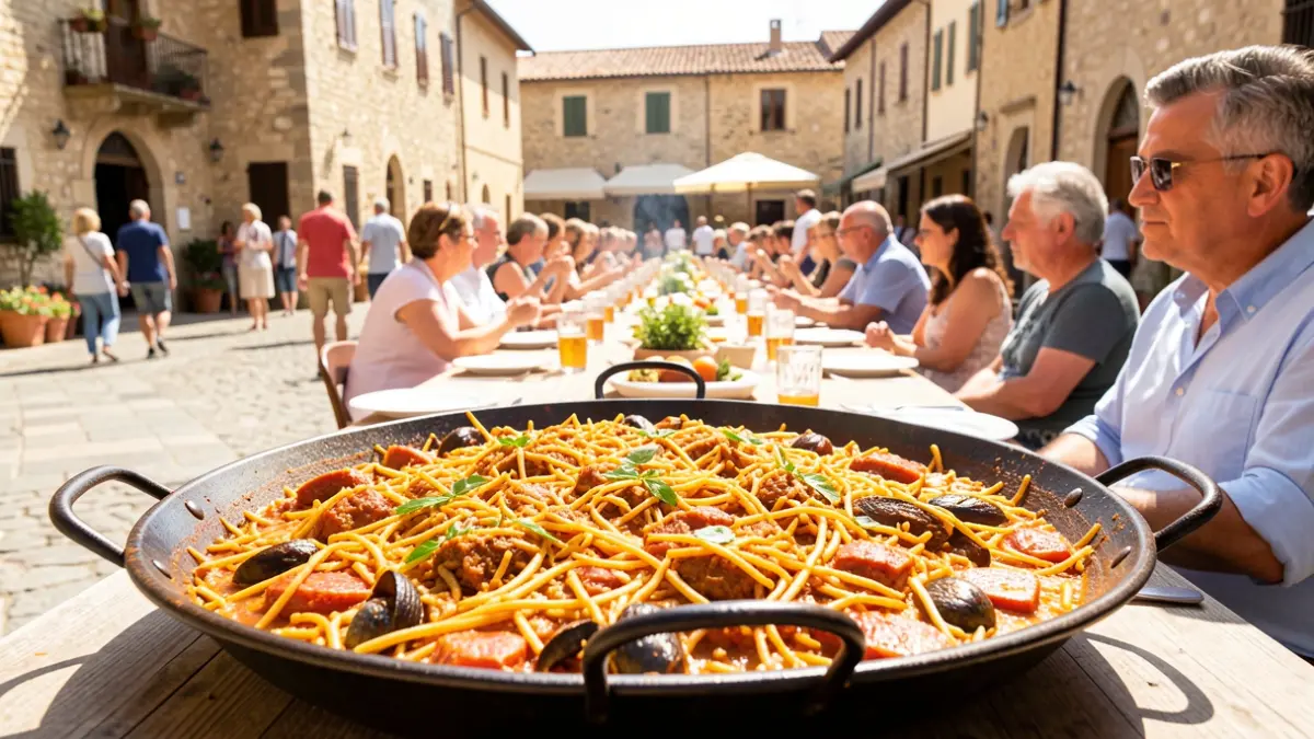 Generic image of a large popular fideuà served in a community hall during a local festival.
