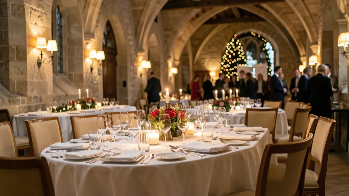 Image of a gala hall in a historic castle with warm lighting.