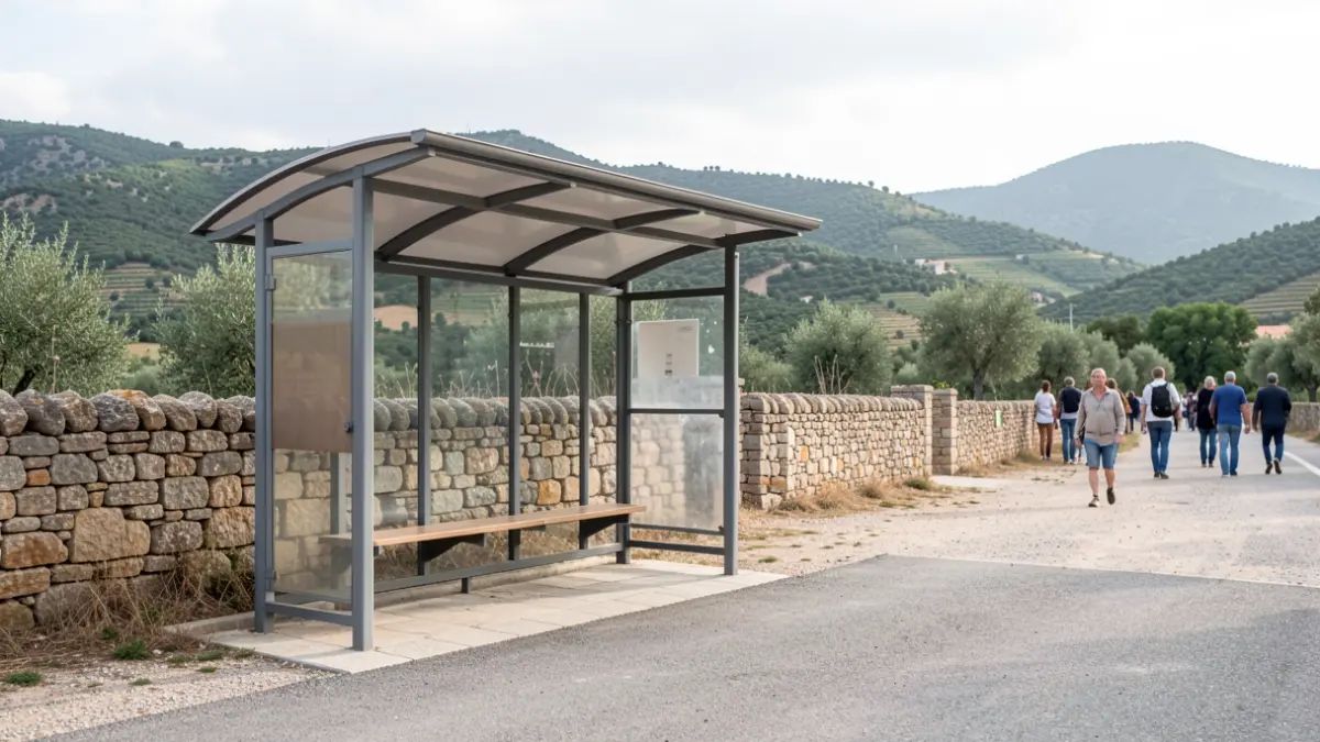 Imagen genérica de una parada de autobús escolar en un entorno rural.