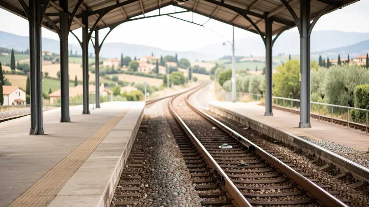 Generic image of a train station with empty tracks.