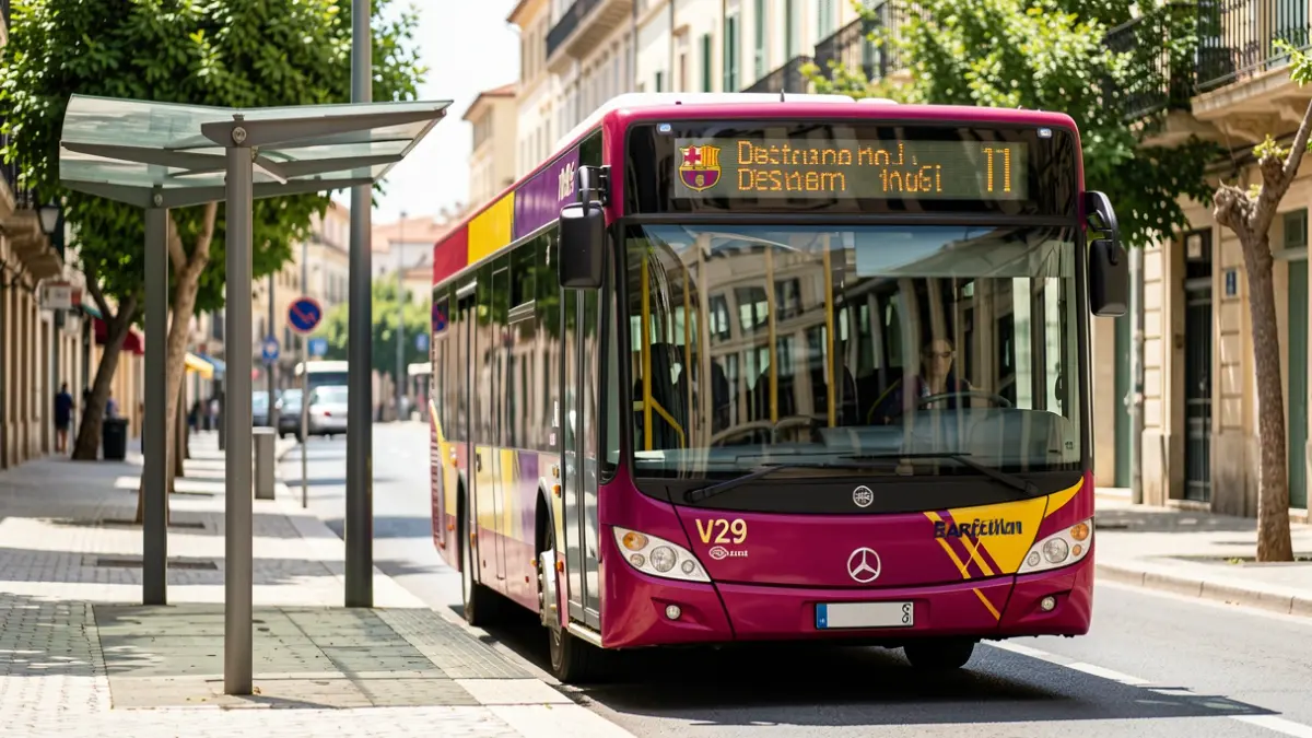 Barcelona bus line V29 stopped at a new bus stop.