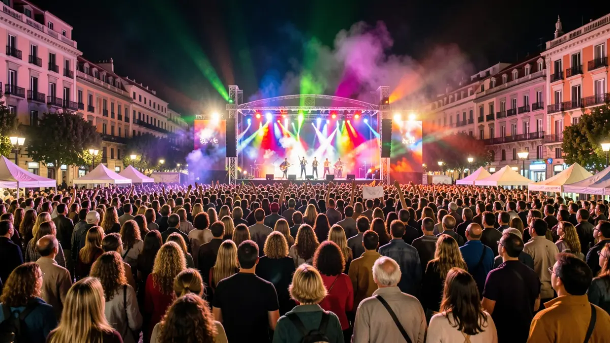 Multitud disfrutando de un festival de música en Barcelona de noche con luces de colores.