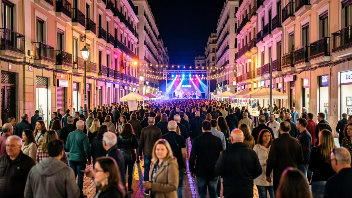 Generic image of a festive night in Barcelona with lights and people.