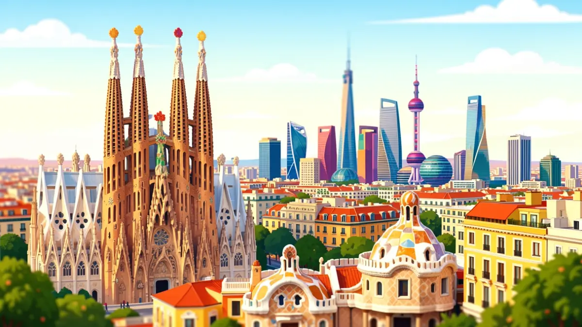 Il·lustració festiva de Barcelona i Xangai amb elements icònics.