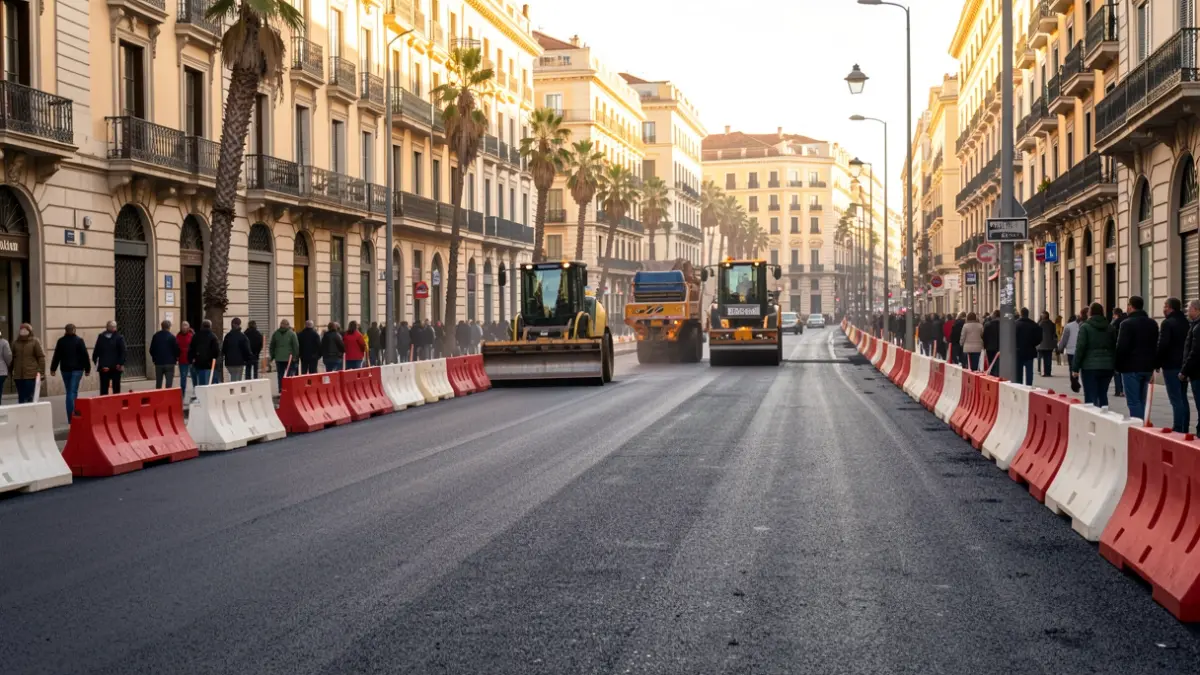 Obras de asfaltado en la Meridiana de Barcelona.