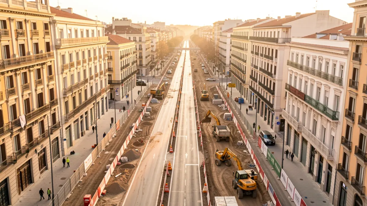 Vista aèria d'una gran avinguda urbana a Barcelona en obres de pavimentació.
