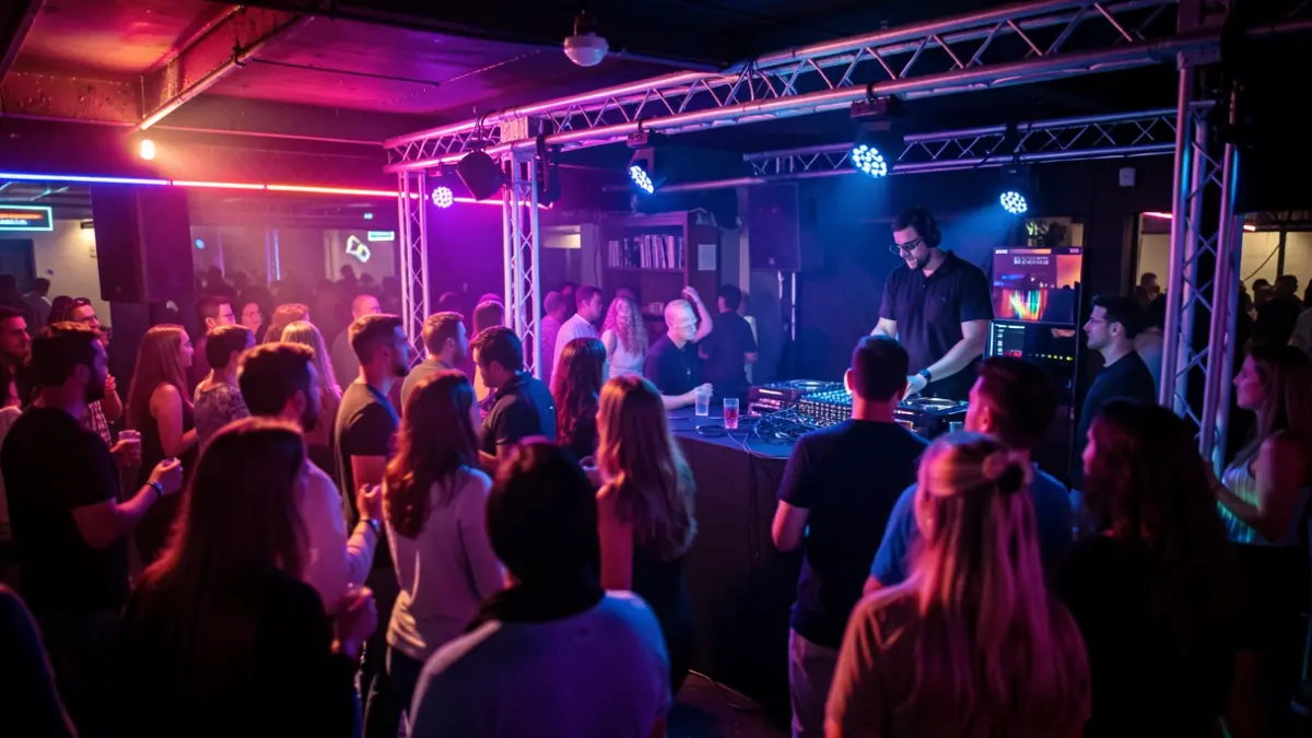 Interior of a techno music club in Catalunya with a DJ and dancing crowd.