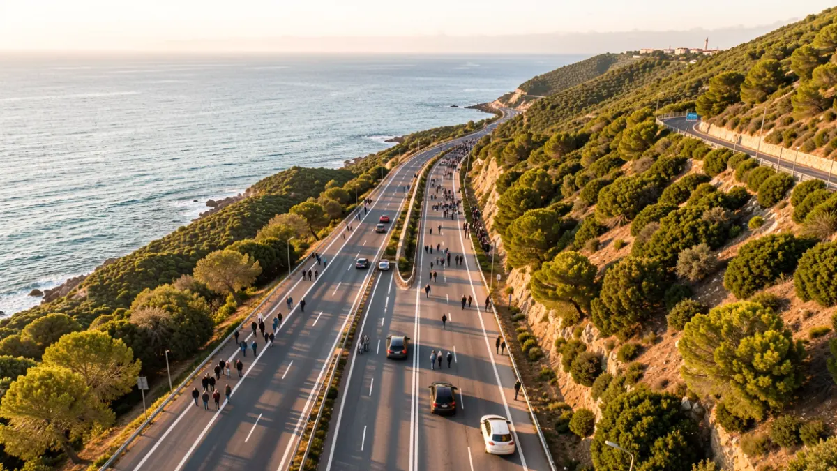 Aerial view of the N-II in Maresme with one lane per direction and the Mediterranean Sea in the background.