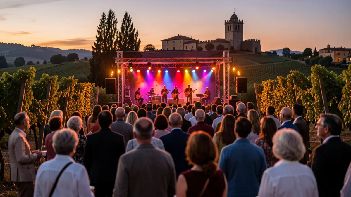 Escena d'un festival de música a la nit en un entorn de vinyes catalanes.