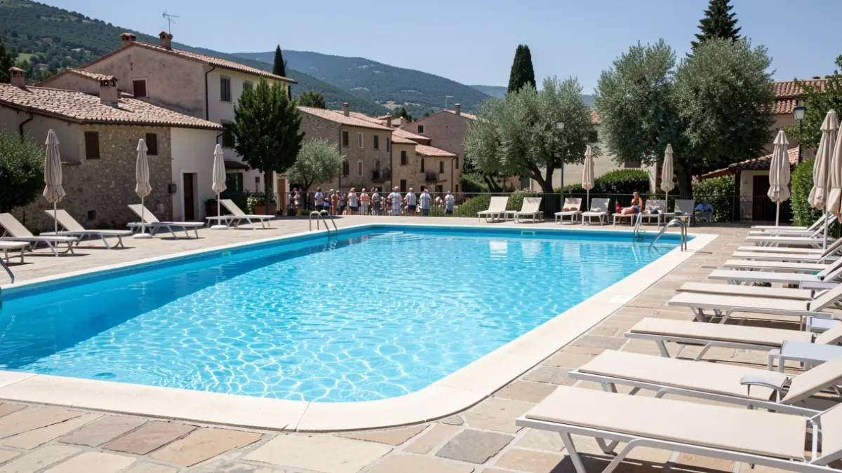Generic image of an outdoor municipal swimming pool during summer.