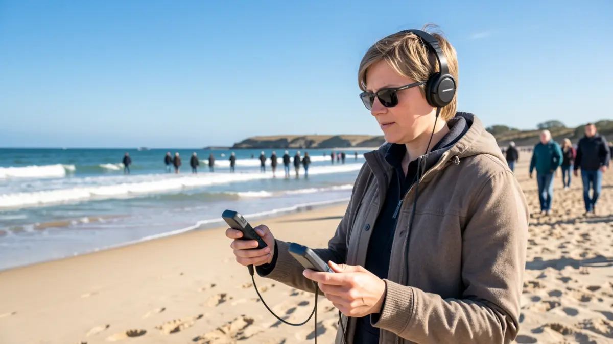 Person with visual impairment using an acoustic system on Arrabassada beach.