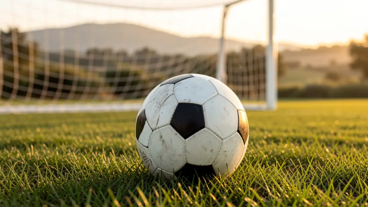 Balón de fútbol sobre césped verde con la red de una portería desenfocada al fondo.