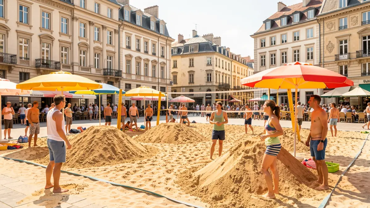 Imatge genèrica d'una platja artificial a una plaça de ciutat amb gent gaudint d'activitats.