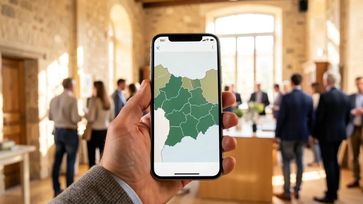 Imatge d'una interfície digital turística en un telèfon mòbil amb un entorn històric de fons.