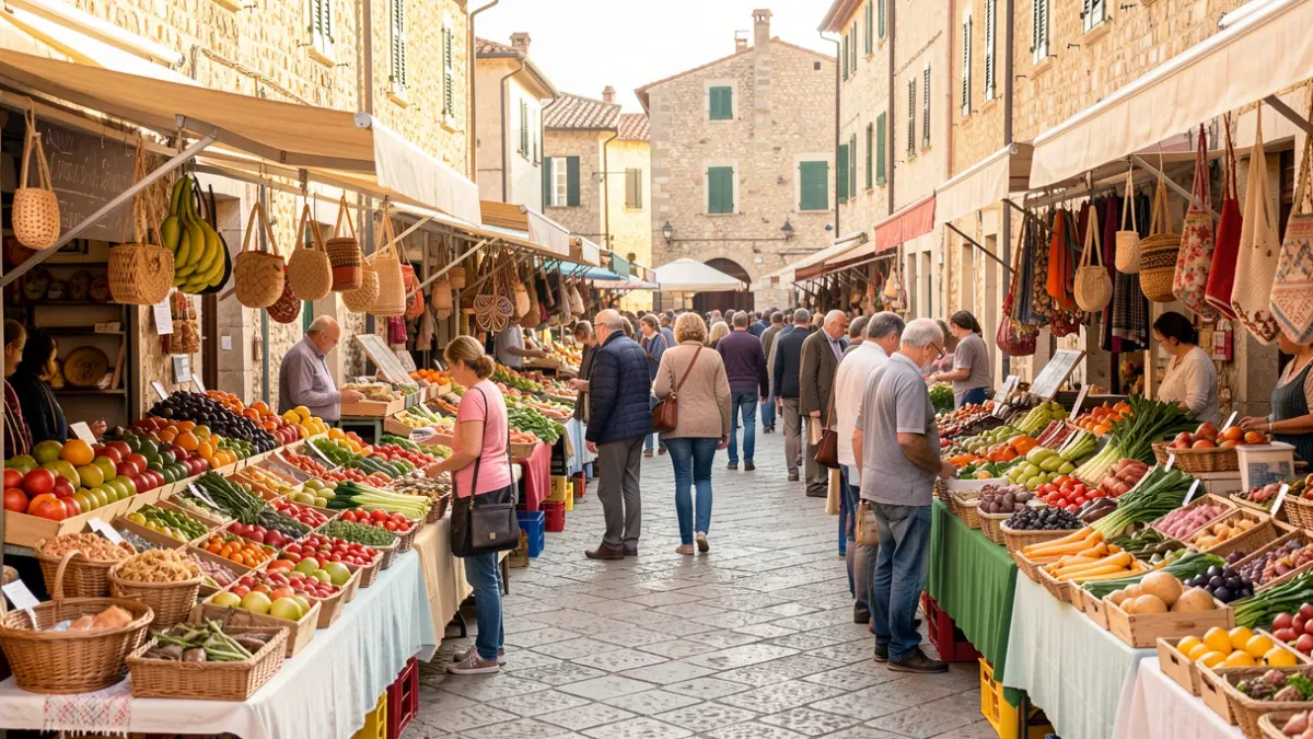 Mercado semanal en La Seu d'Urgell con puestos de productos locales.