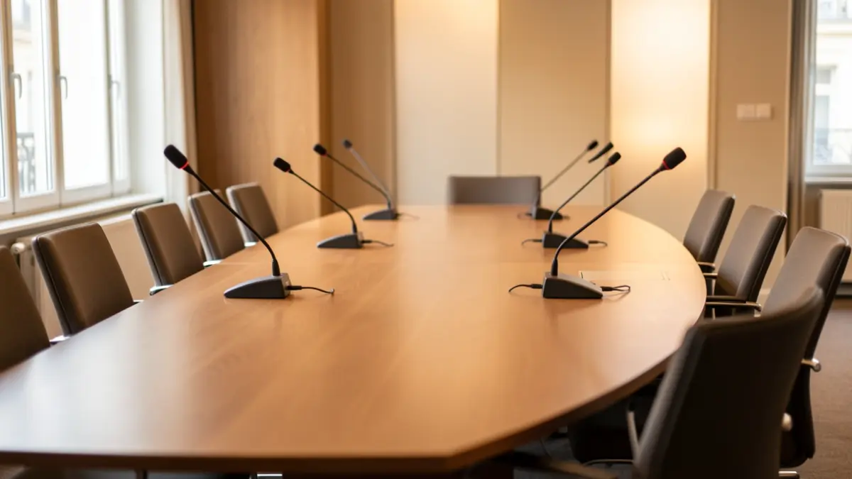 Taula de reunió buida amb micròfons en una sala de conferències.