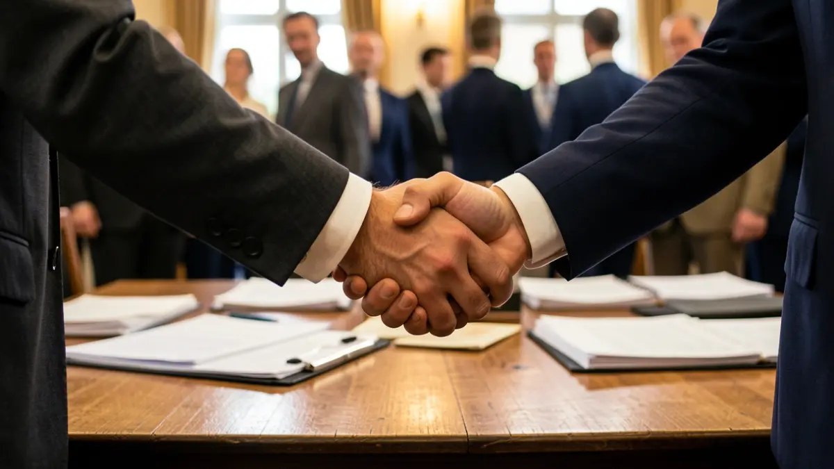 Imagen genérica de dos personas dándose la mano sobre una mesa.